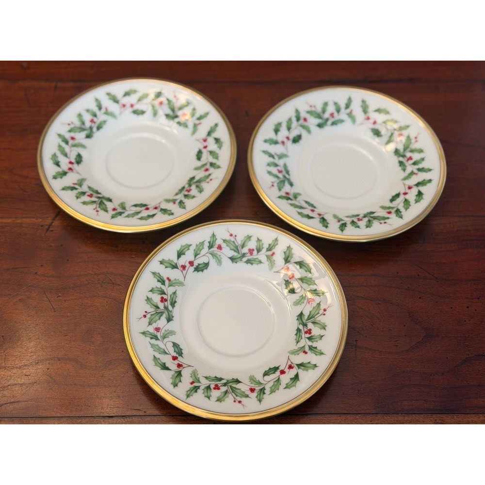 Lot of 3 Vintage Lenox Holiday Footed Cup Saucers - Made in USA Gold Backstamp